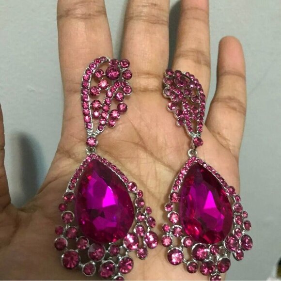 Dark pink earring Fuchsia crystal magenta teardrop earrings pink long earring - Picture 3 of 9